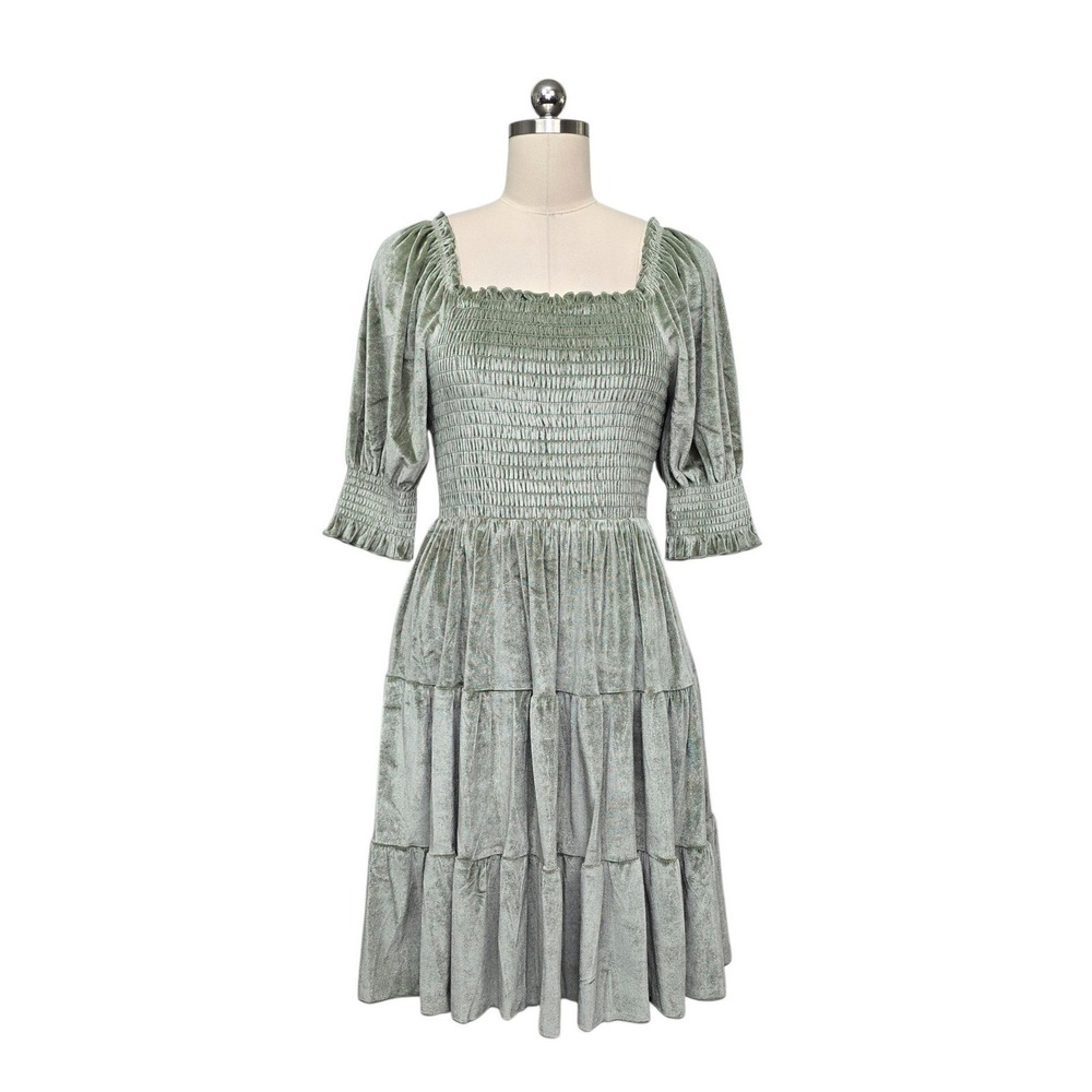Baltic Born Sage Green Smocked Velvet Tiered Midi Dress Womens Size Medium